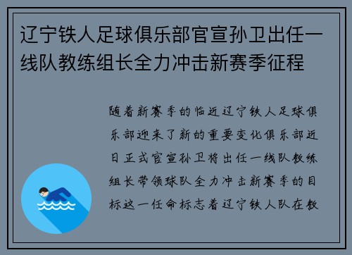 辽宁铁人足球俱乐部官宣孙卫出任一线队教练组长全力冲击新赛季征程