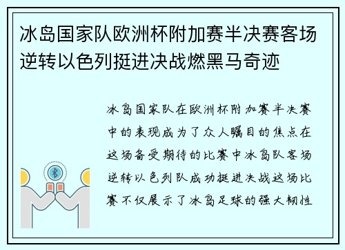 冰岛国家队欧洲杯附加赛半决赛客场逆转以色列挺进决战燃黑马奇迹