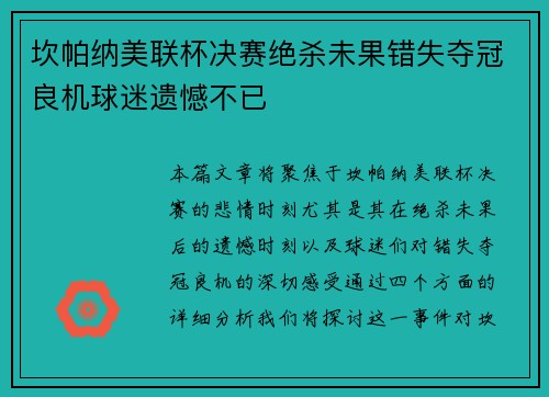 坎帕纳美联杯决赛绝杀未果错失夺冠良机球迷遗憾不已